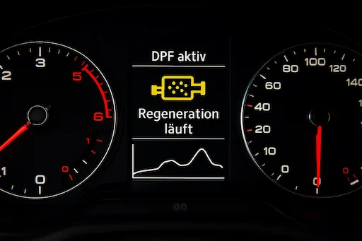 Warnmeldung zur laufenden DPF-Regeneration im Cockpit