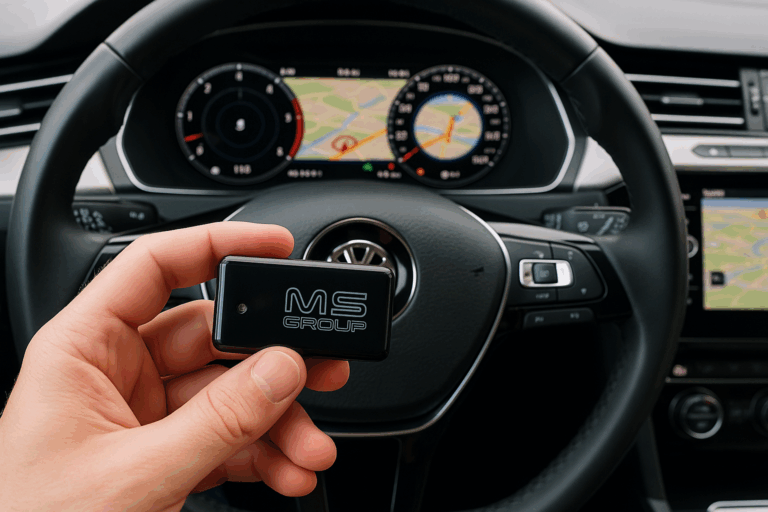 Hand hält ein kompaktes OBD-Gerät im VW Passat B8-Cockpit – zur DPF-Überwachung und Regenerationskontrolle (OBD-II).