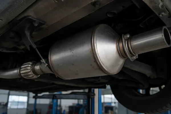 Abgasanlage mit Dieselpartikelfilter (DPF) im kalten Zustand – Edelstahlgehäuse, Flexrohr und Halterungen in der Werkstatt.