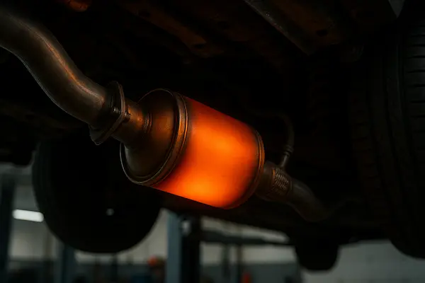 Glühender Dieselpartikelfilter (DPF) unter dem Fahrzeug – aktive Regeneration in der Werkstatt, ohne Reinigungseingriff.