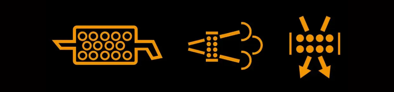 Orangefarbene Symbole des Dieselpartikelfilters (DPF) auf schwarzem Hintergrund.
