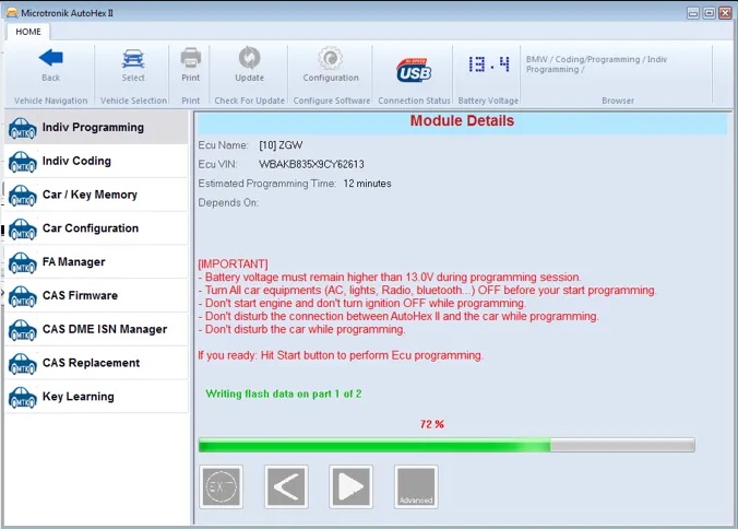 Autohex II – Modul-Programmierung Autohex II – BMW Modul-Programmierung, Beispielansicht (ZGW/Flash)