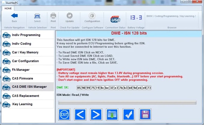 Autohex II – ISN Management Autohex II Software – DME ISN Management (128-bit), Screenshot/Ansicht