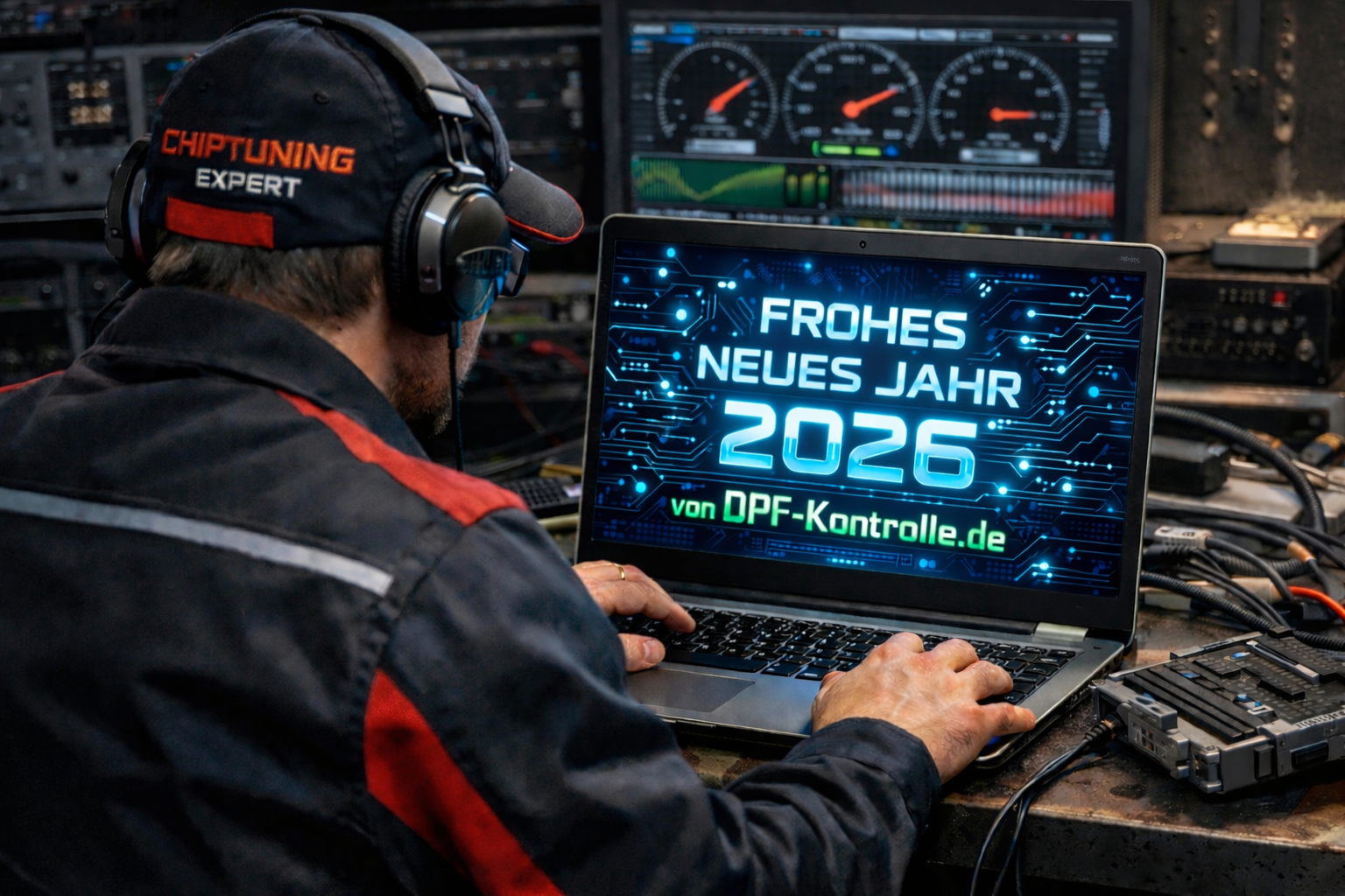 Ein Mechaniker nutzt professionelle Chiptuning Werkzeuge und die DPF Control Software zur Fahrzeugoptimierung bei DPF-Kontrolle.de