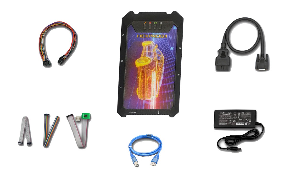 HexProg II – Steuergeräte klonen HexProg II Full Set – Werkzeug für Steuergeräte-Cloning, Ansicht des Sets