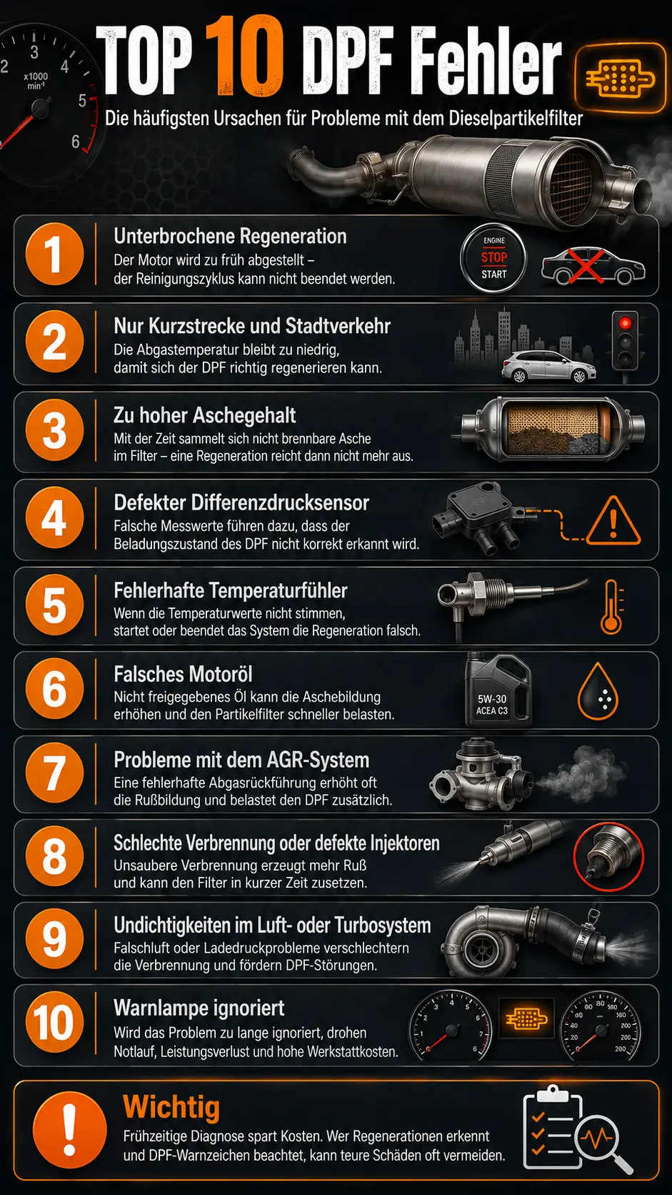 Umfassende Infografik der Top 10 DPF Fehler Ursachen für Dieselpartikelfilter Verstopfung