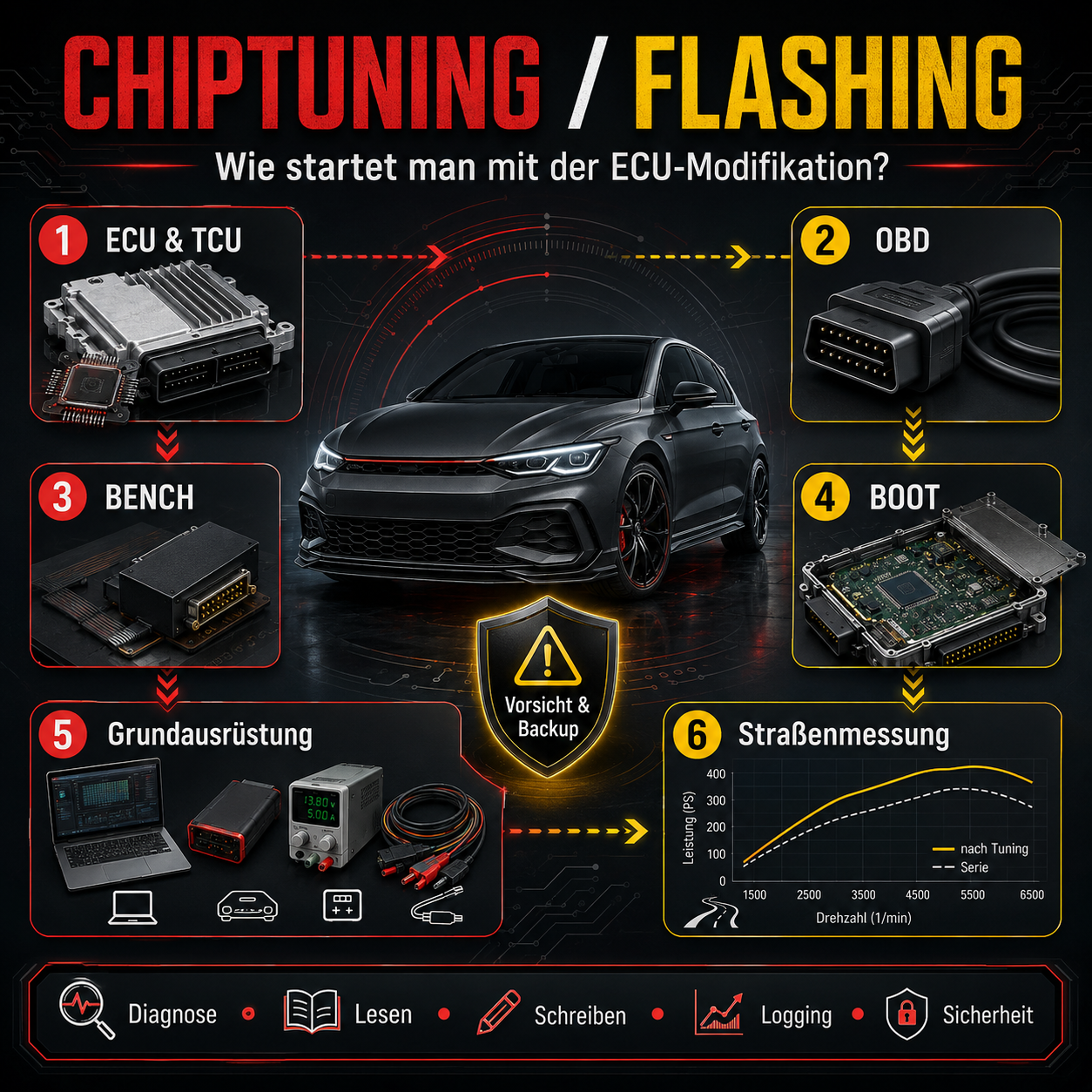Chiptuning Flashing ECU TCU EGR Einstieg in ECU Modifikation OBD Bench Boot Straßenmessung Scanmatik PCMFlash