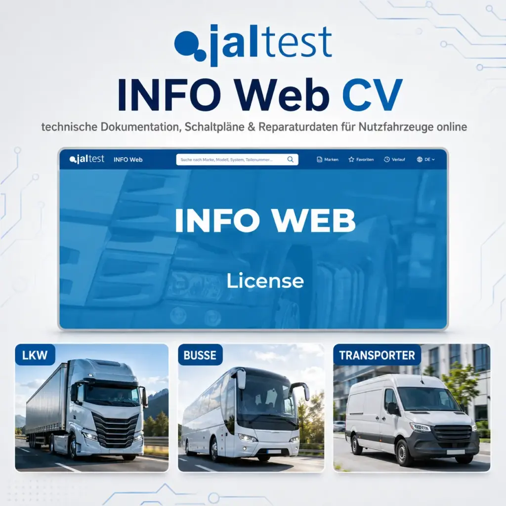 Jaltest INFO Web CV für LKW, Busse, Trailer und LCV: Schaltpläne, Fehlercode-Hilfen, Wartungs- und Reparaturdaten. Monats- oder Jahreslizenz.