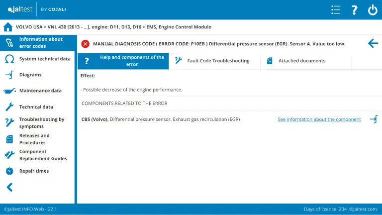 Jaltest INFO Web Fehlersuche nach Fehlercode mit Schaltplänen und Komponentenhinweisen