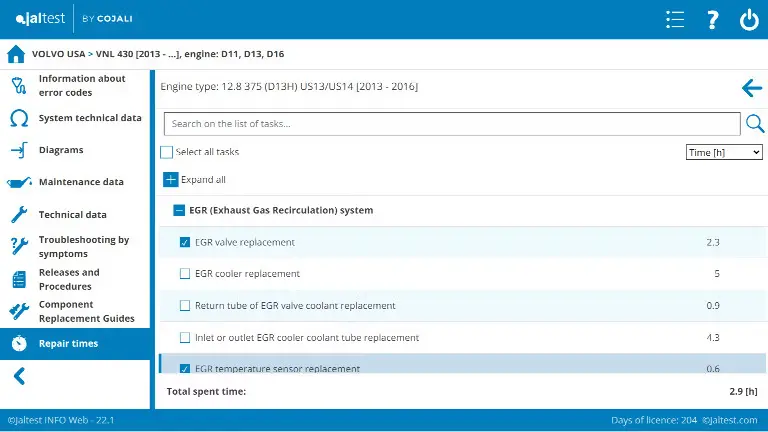Jaltest INFO Web Reparaturzeiten und Arbeitszeiten für Werkstattprozesse