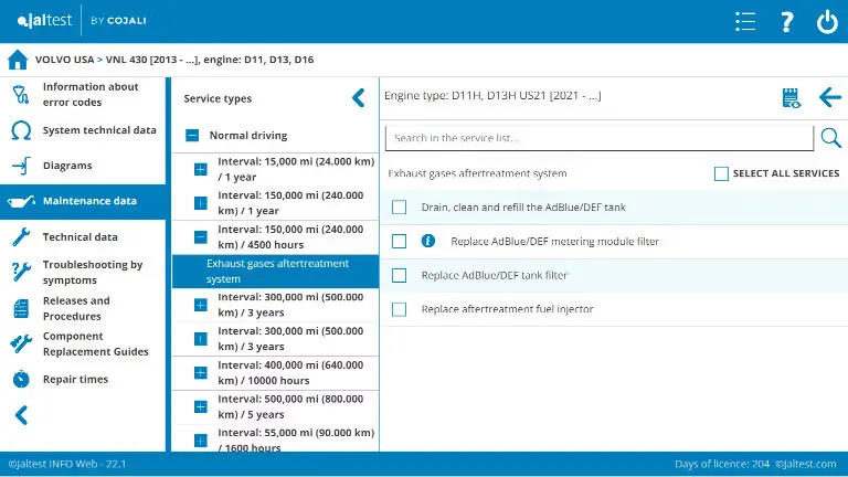 Jaltest INFO Web Wartungsdaten Servicefunktionen und Servicearbeiten