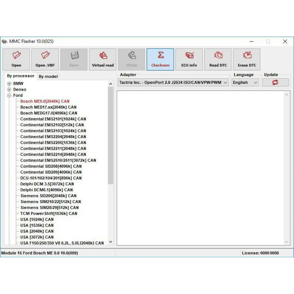MMC Flasher Programmoberfläche für ECU TCU Checksum und DTC Funktionen