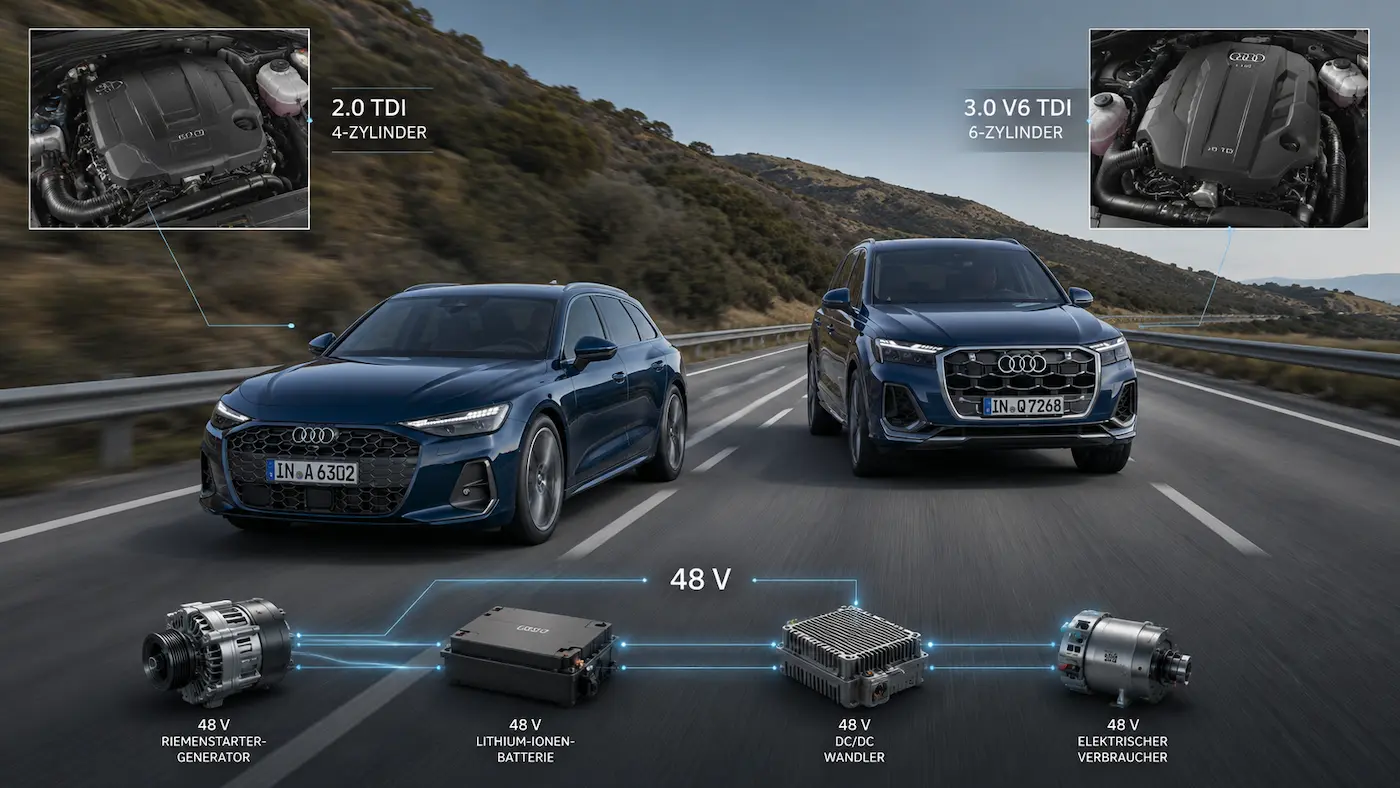 Audi A6 und Audi Q7 mit 2.0 TDI, 3.0 V6 TDI und 48-Volt-Technik