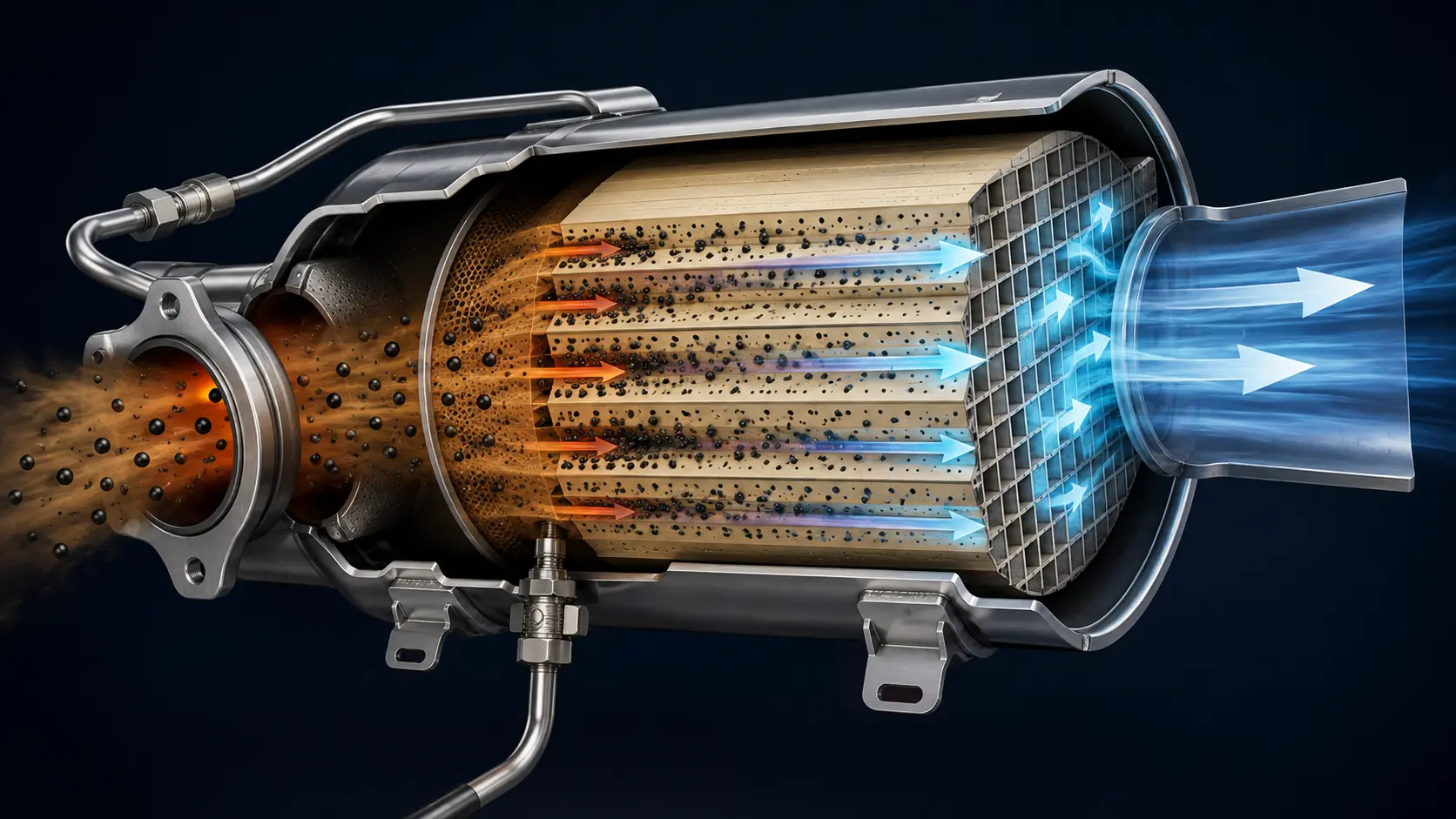 Funktionsweise eines Dieselpartikelfilters mit Abgasstrom und Rußabscheidung
