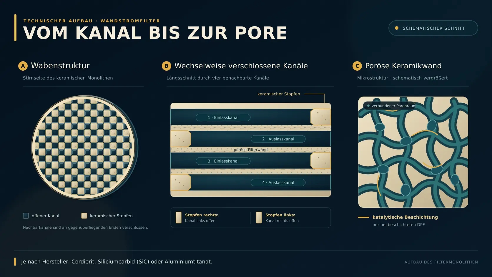 Aufbau des DPF-Monolithen mit Wabenkanälen, Kanalstopfen und poröser Keramikwand