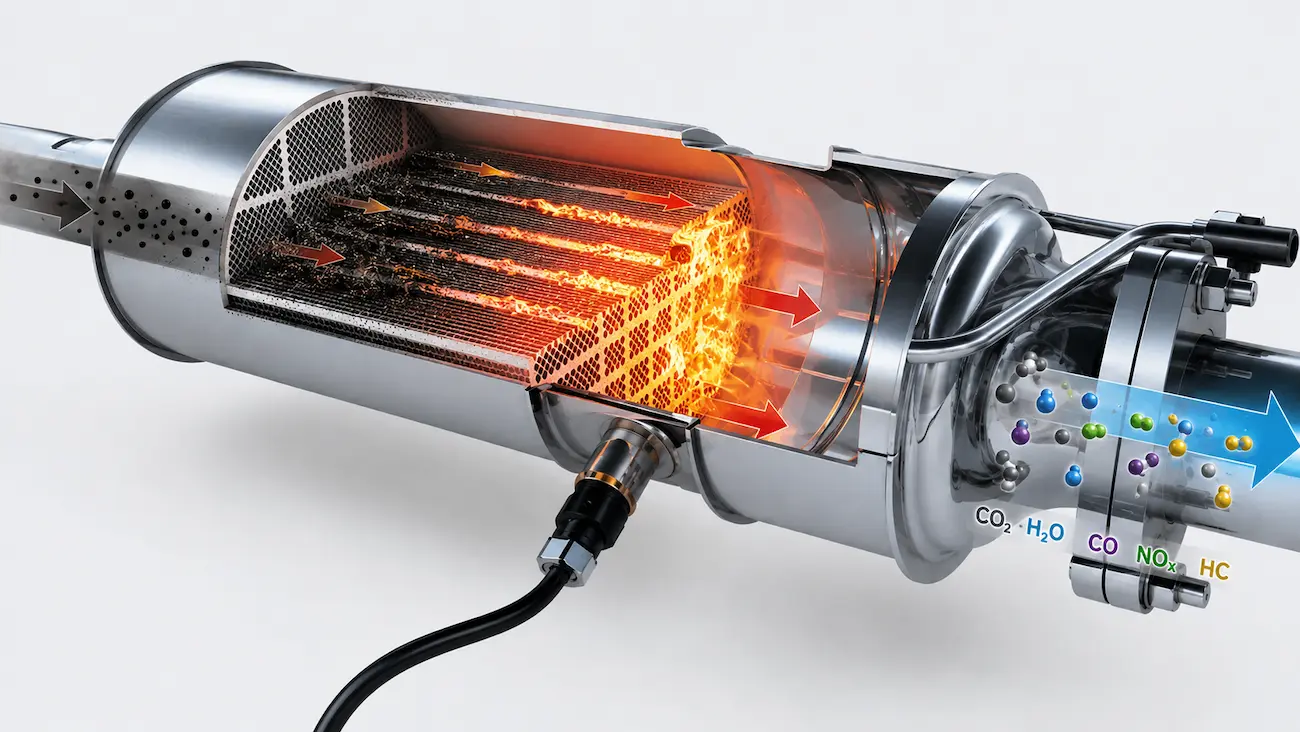 Schematische Darstellung eines Dieselpartikelfilters während der aktiven DPF-Regeneration